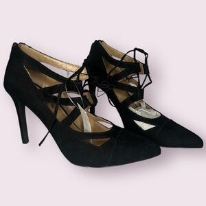 New York & Company Black Pointed Toe Strappy Lace Up Heels 8